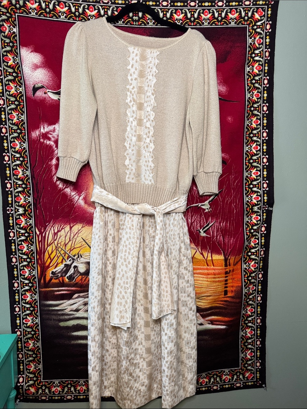 vintage 80s cream neutral cheetah print 2pc sweater + skirt set w/ matching belt